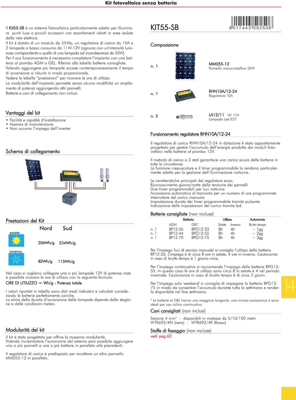 Il kit è dotato di un modulo da 55Wp, un regolatore di carica da A e 2 lampade a basso consumo da 11W-12V (ognuna con un intensità luminosa corrispondente a quella di una lampada ad incandescenza da