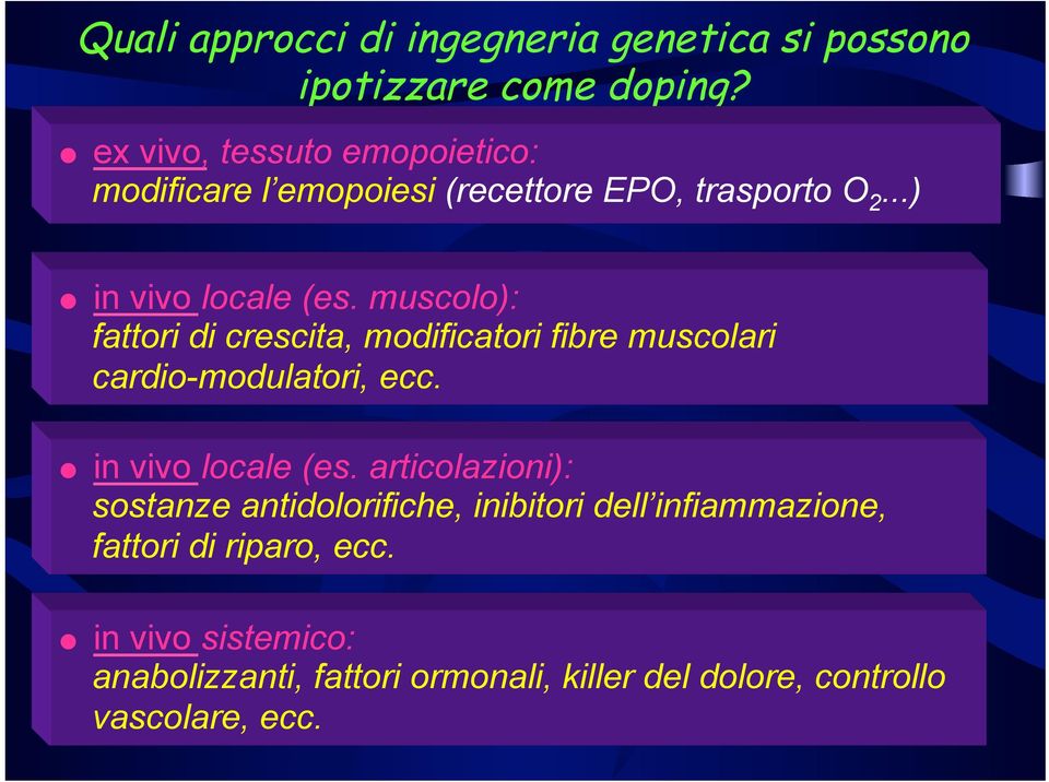 muscolo): fattori di crescita, modificatori fibre muscolari cardio-modulatori, ecc. in vivo locale (es.