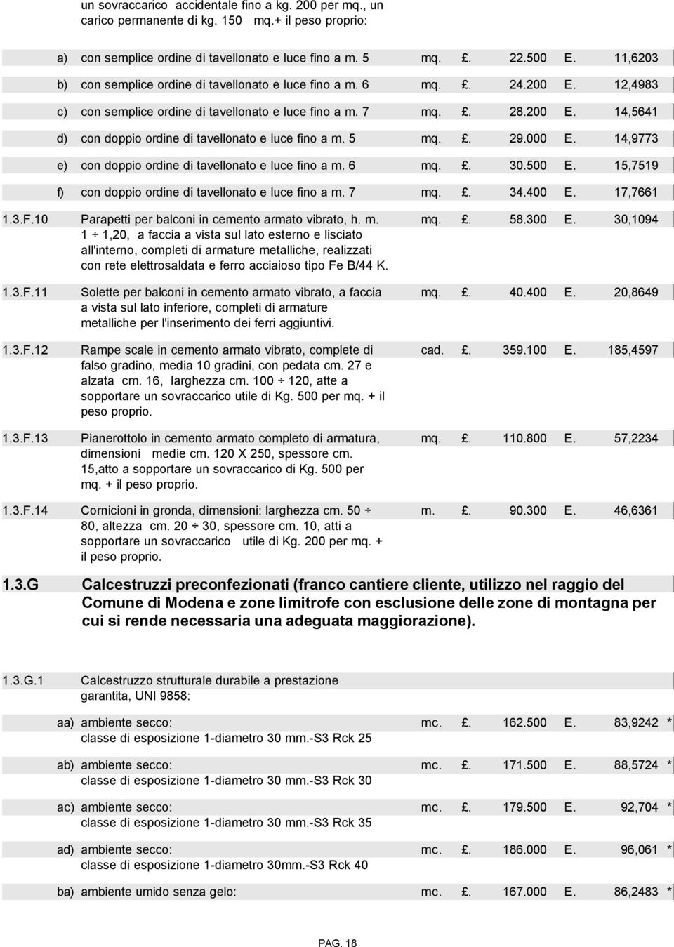 5 mq.. 29.000 E. 14,9773 e) con doppio ordine di tavellonato e luce fino a m. 6 mq.. 30.500 E. 15,7519 f) con doppio ordine di tavellonato e luce fino a m. 7 mq.. 34.400 E. 17,7661 1.3.F.