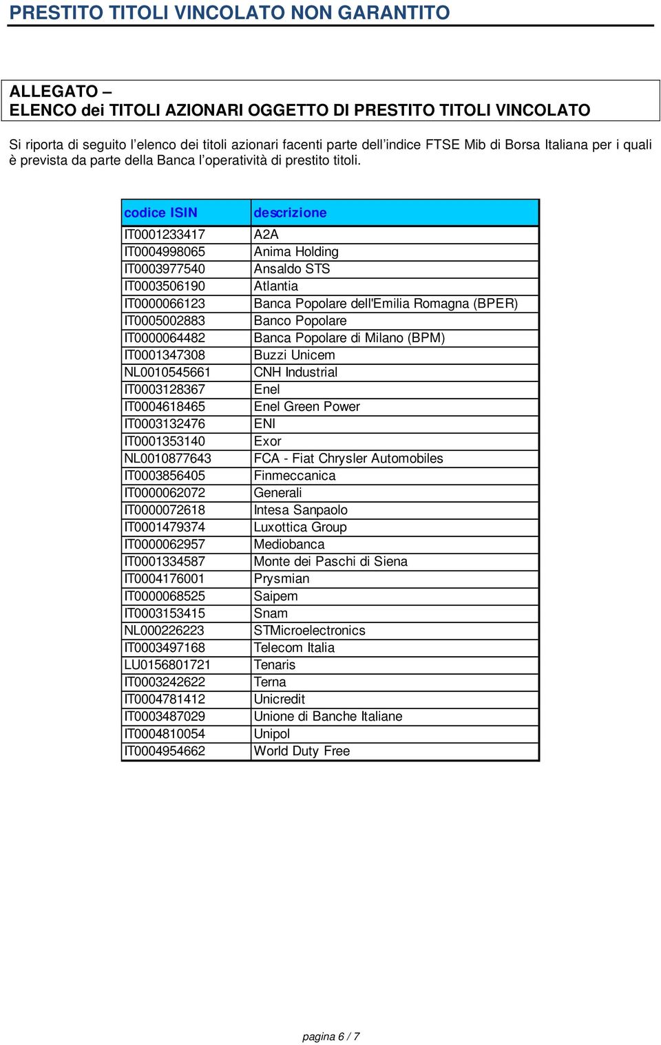 codice ISIN IT0001233417 IT0004998065 IT0003977540 IT0003506190 IT0000066123 IT0005002883 IT0000064482 IT0001347308 NL0010545661 IT0003128367 IT0004618465 IT0003132476 IT0001353140 NL0010877643