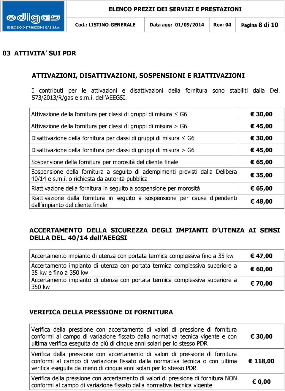 sono stabiliti dalla Del. 573/2013/R/gas e s.m.i. dell EEGSI.