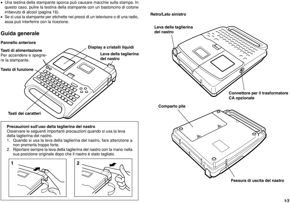Guida generale Retro/Lato sinistro Leva della taglierina del nastro Pannello anteriore Tasti di alimentazione Per accendere e spegnere la stampante.