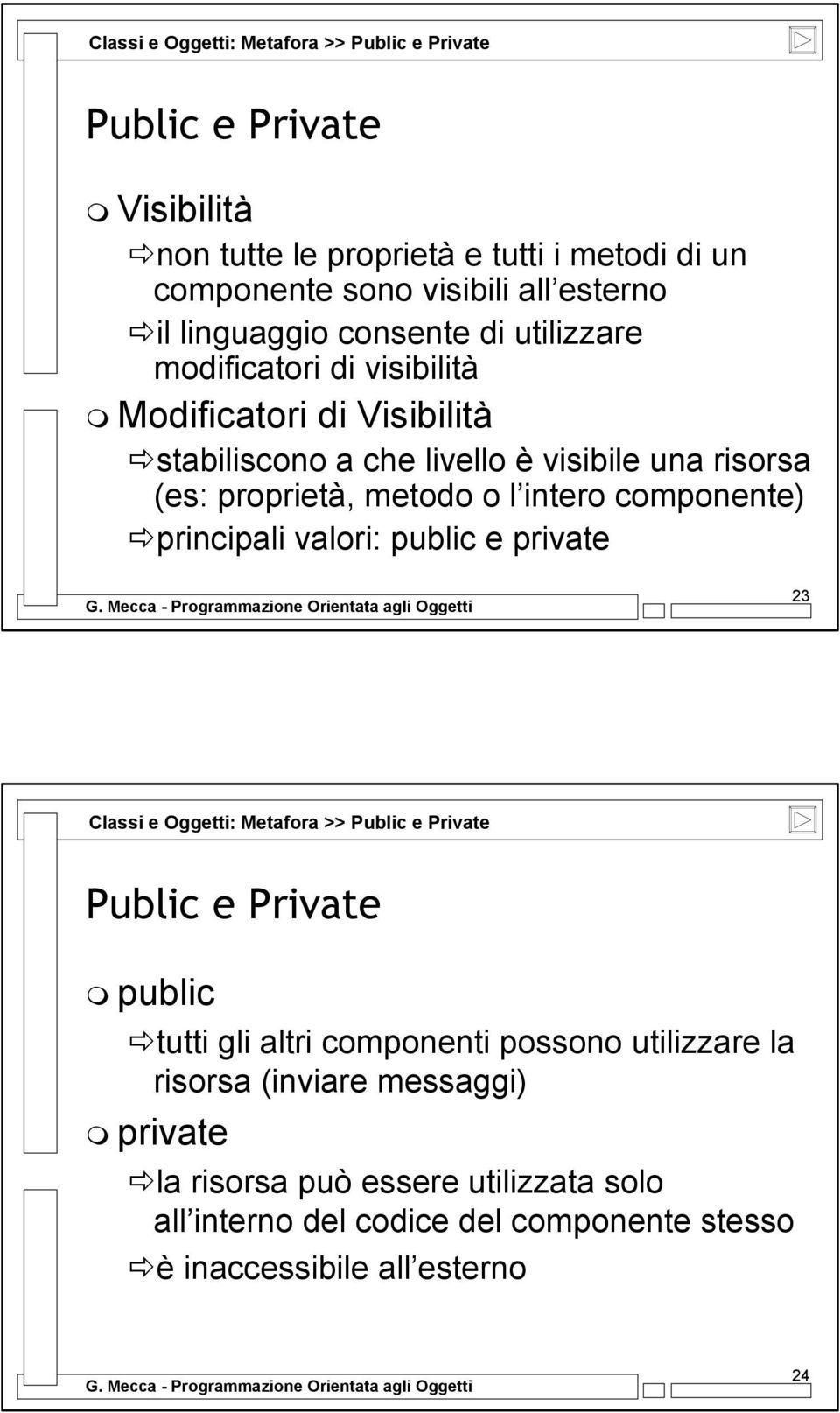 l intero componente) principali valori: public e private 23 Classi e Oggetti: Metafora >> Public e Private Public e Private public tutti gli altri componenti
