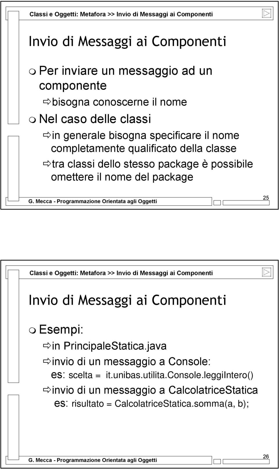 del package 25 Classi e Oggetti: Metafora >> Invio di Messaggi ai Componenti Invio di Messaggi ai Componenti Esempi: in PrincipaleStatica.