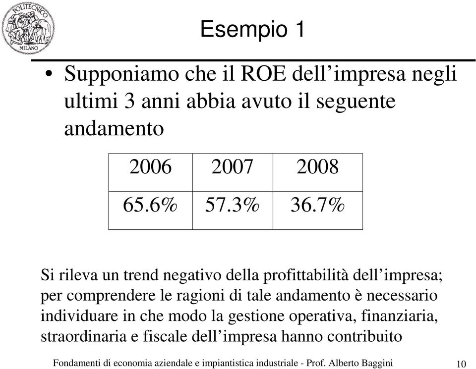 7% Si rileva un trend negativo della profittabilità dell impresa; per comprendere le ragioni di tale andamento è