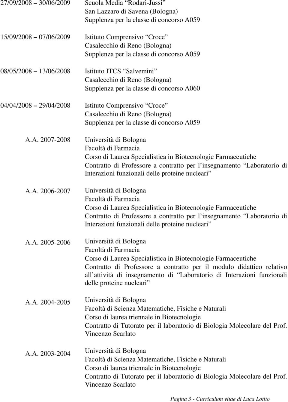 Casalecchio di Reno () Supplenza per la classe di concorso A060 Istituto Comprensivo Croce Casalecchio di Reno () Corso di Laurea Specialistica in Biotecnologie Farmaceutiche Contratto di Professore