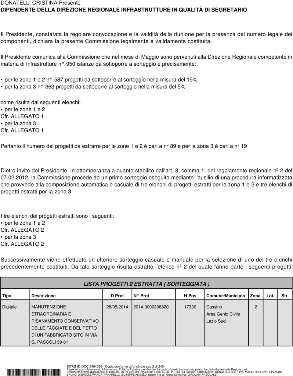 Il Presidente comunica alla Commissione che nel mese di Maggio sono pervenuti alla Direzione Regionale competente in materia di Infrastrutture n 950 istanze da sottoporre a sorteggio e precisamente: