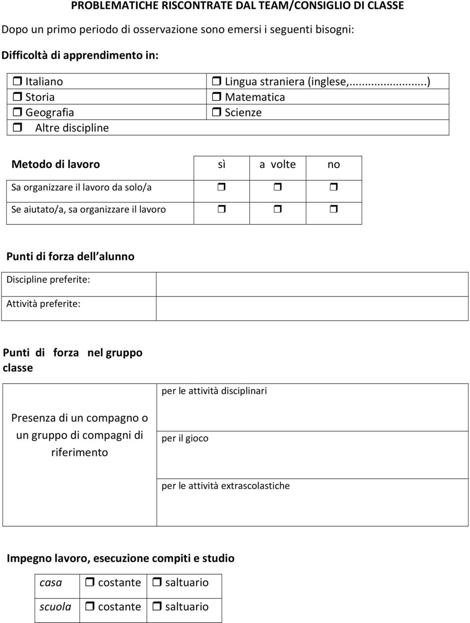 ..) Matematica Scienze Metodo di lavoro sì a volte no Sa organizzare il lavoro da solo/a Se aiutato/a, sa organizzare il lavoro Punti di forza dell alunno Discipline