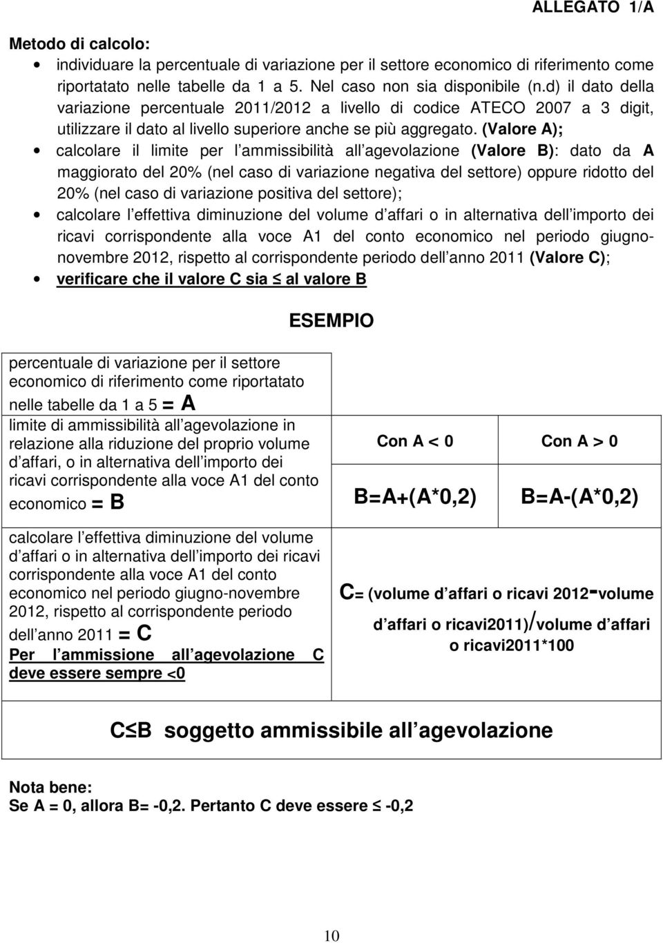 (Valore A); calcolare il limite per l ammissibilità all agevolazione (Valore B): dato da A maggiorato del 20% (nel caso di variazione negativa del settore) oppure ridotto del 20% (nel caso di