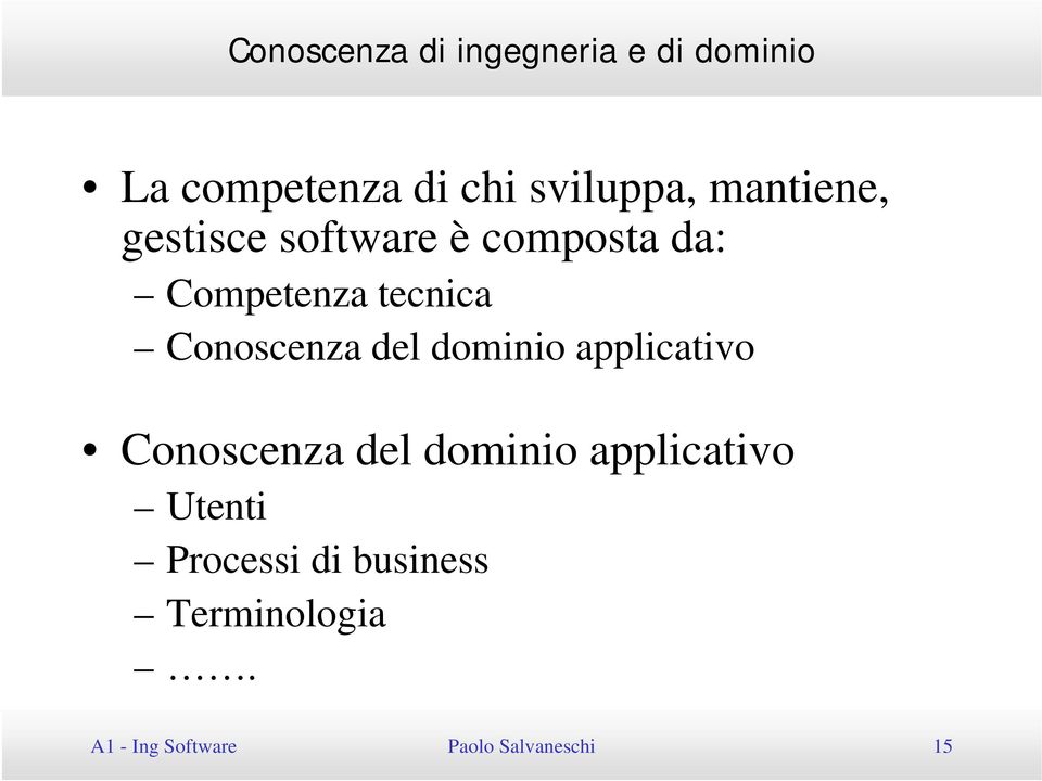 Conoscenza del dominio applicativo Conoscenza del dominio applicativo