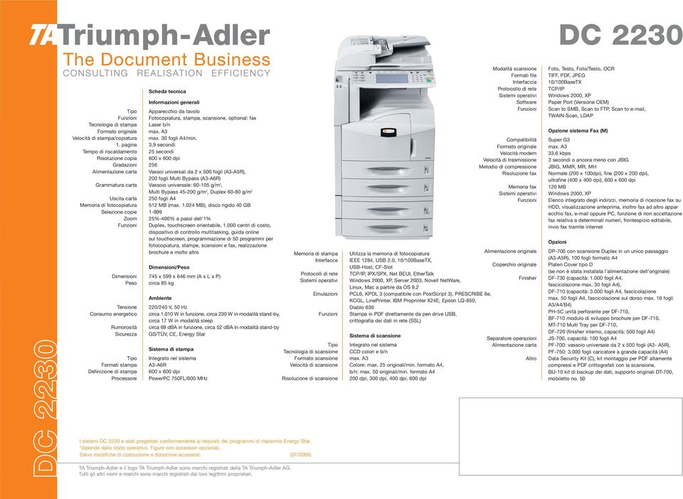 pagina 3,9 secondi Tempo di riscaldamento 25 secondi Risoluzione copia 600 x 600 dpi Gradazioni 256 Alimentazione carta Vassoi universali da 2 x 500 fogli (A3-A5R), 200 fogli Multi Bypass (A3-A6R)