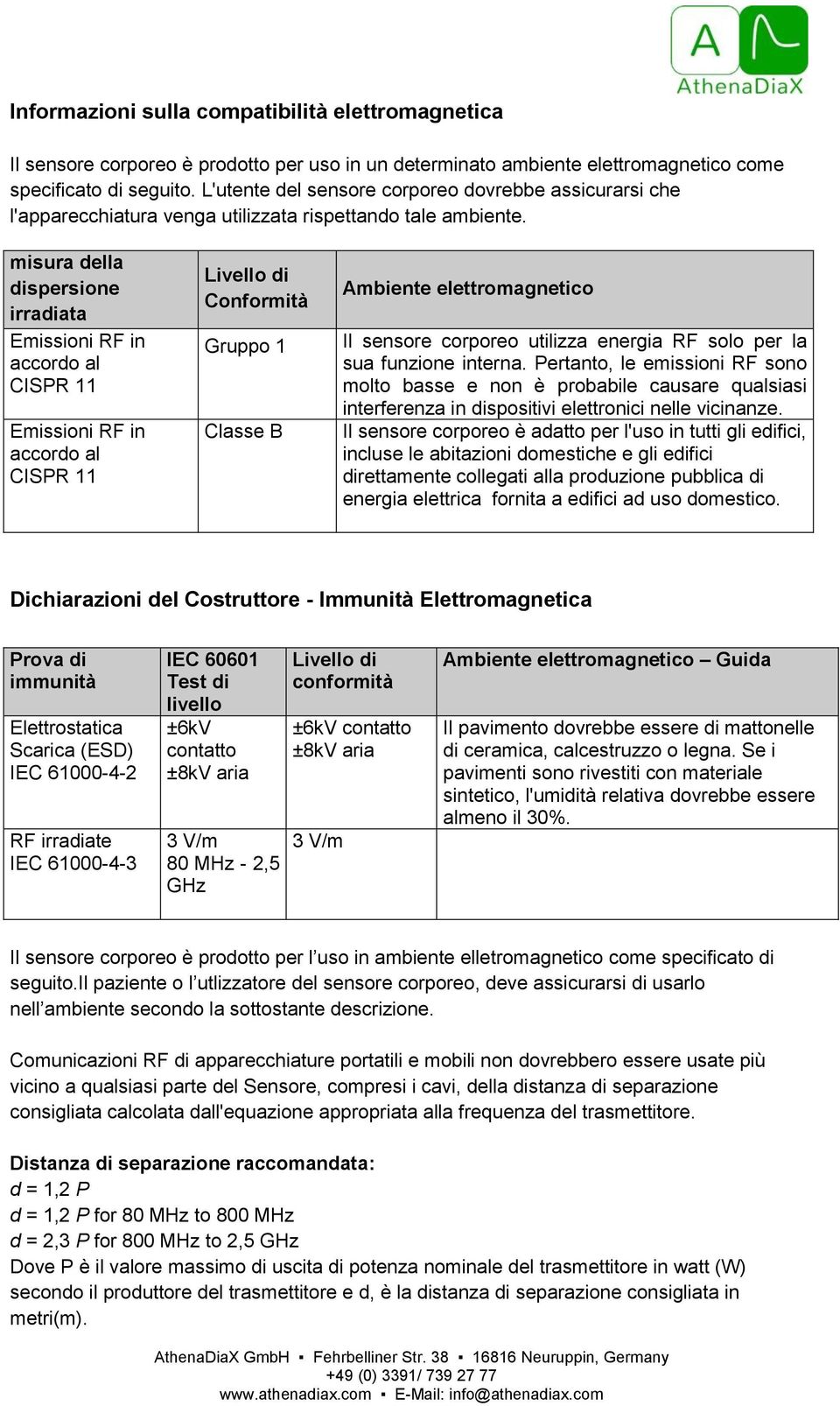 misura della dispersione irradiata Emissioni RF in accordo al CISPR 11 Emissioni RF in accordo al CISPR 11 Livello di Conformità Gruppo 1 Classe B Ambiente elettromagnetico Il sensore corporeo