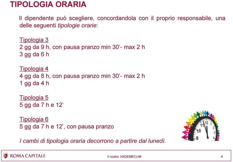 Tipologia 4 4 gg da 8 h, con pausa pranzo min 30 - max 2 h 1 gg da 4 h Tipologia 5 5 gg da 7 h e 12