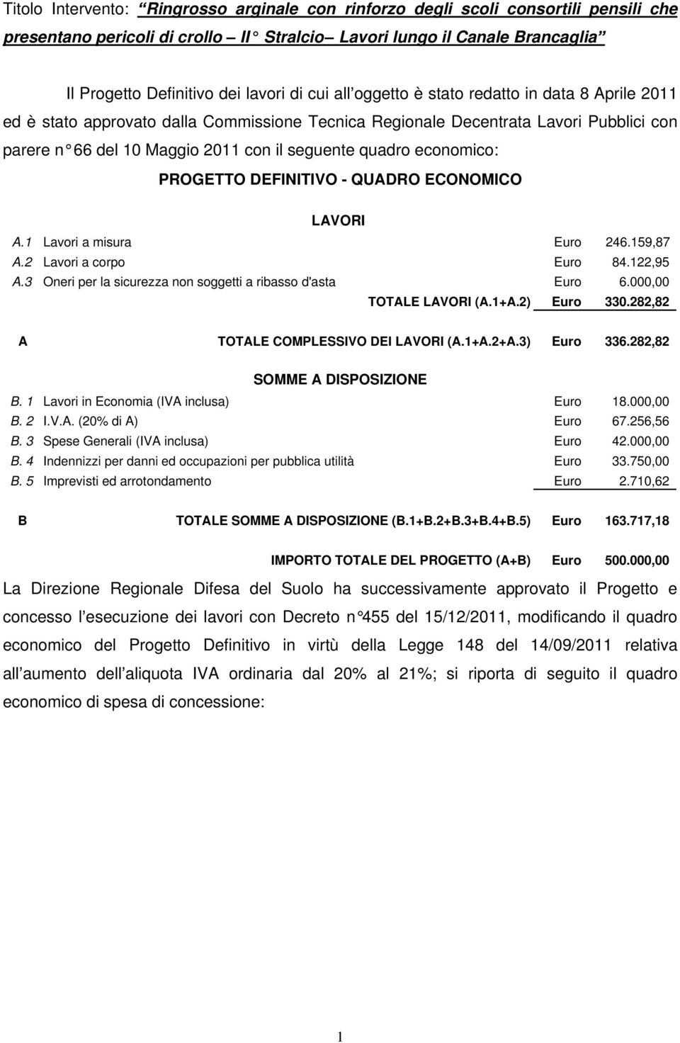 economico: PROGETTO DEFINITIVO - QUADRO ECONOMICO A.1 Lavori a misura Euro 246.159,87 A.2 Lavori a corpo Euro 84.122,95 TOTALE (A.1+A.2) Euro 330.282,82 A TOTALE COMPLESSIVO DEI (A.1+A.2+A.