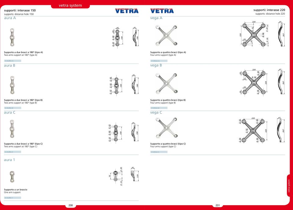 support at 180 (type B) Supporto a quattro bracci (tipo B) Four arms support (type B) V-AURA-B aura C V-VEGA-B vega C Supporto a due bracci a 180 (tipo C) Two arms