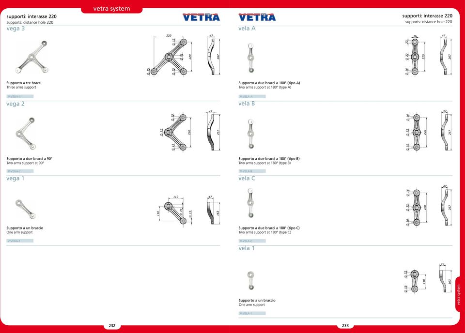 arms support at 90 Supporto a due bracci a 180 (tipo B) Two arms support at 180 (type B) V-VEGA-2 vega 1 V-VELA-B vela C Supporto a un braccio One