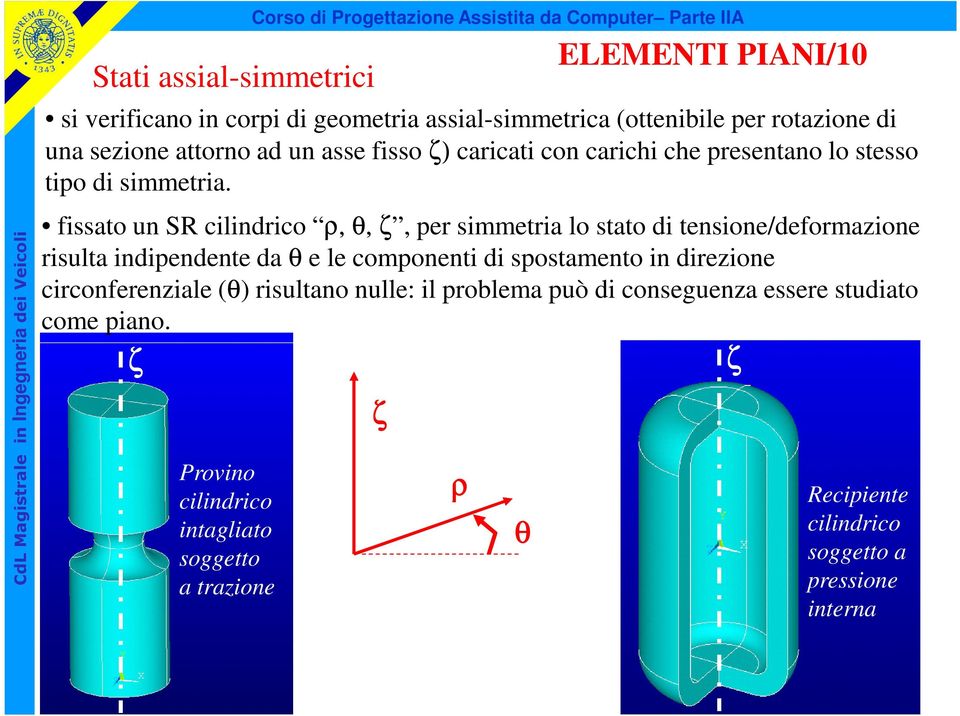 ζ Provino cilindrico intagliato soggetto a trazione ζ ρ θ ELEMENTI PIANI/10 fissato un SR cilindrico ρ, θ, ζ, per simmetria lo stato di tensione/deformazione