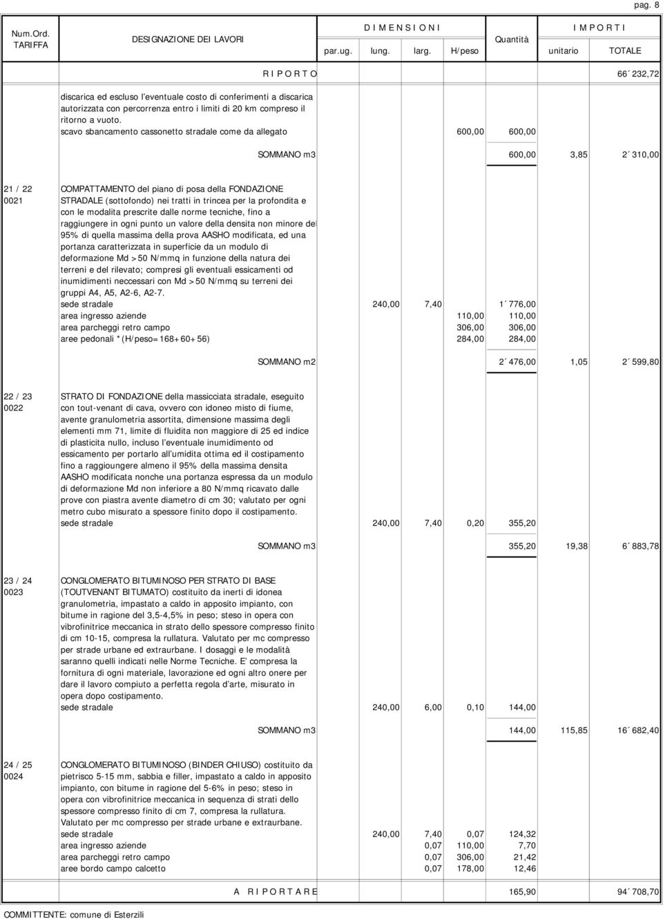 trincea per la profondita e con le modalita prescrite dalle norme tecniche, fino a raggiungere in ogni punto un valore della densita non minore del 95% di quella massima della prova AASHO modificata,