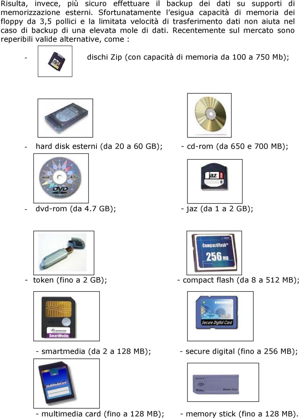 Recentemente sul mercato sono reperibili valide alternative, come : - dischi Zip (con capacità di memoria da 100 a 750 Mb); - hard disk esterni (da 20 a 60 GB); - cd-rom