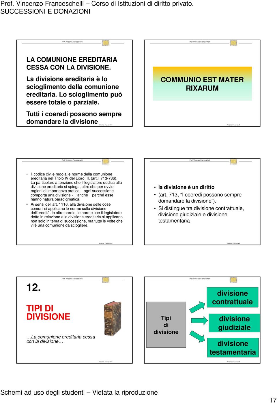 Tutti i coeredi possono sempre domandare la divisione COMMUNIO EST MATER RIXARUM Il codice civile regola le norme della comunione ereditaria nel Titolo IV del Libro III, (art.li 713-736).