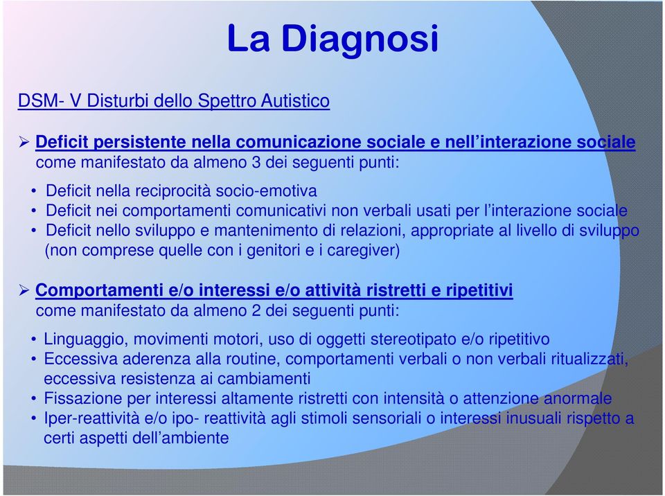 (non comprese quelle con i genitori e i caregiver) Comportamenti e/o interessi e/o attività ristretti e ripetitivi come manifestato da almeno 2 dei seguenti punti: Linguaggio, movimenti motori, uso