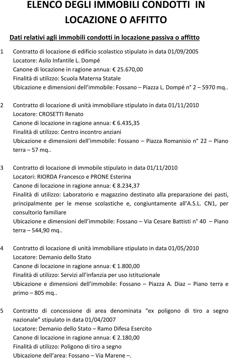 Dompé n 2 5970 mq.. 2 Contratto di locazione di unità immobiliare stipulato in data 01/11/2010 Locatore: CROSETTI Renato Canone di locazione in ragione annua: 6.