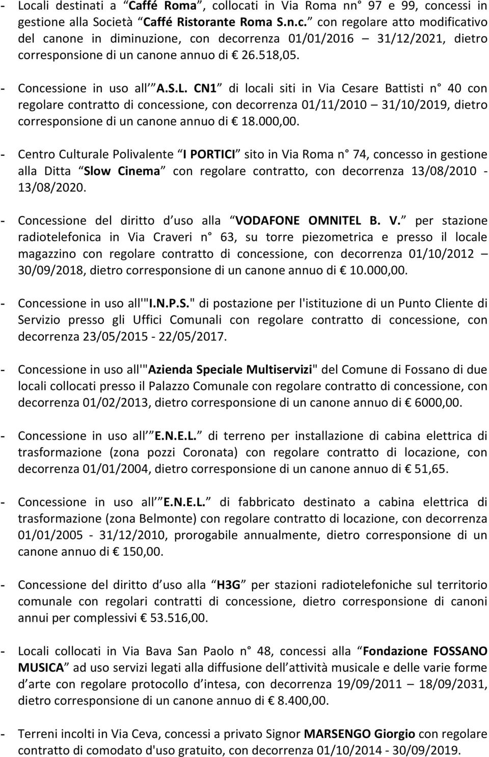 CN1 di locali siti in Via Cesare Battisti n 40 con regolare contratto di concessione, con decorrenza 01/11/2010 31/10/2019, dietro corresponsione di un canone annuo di 18.000,00.