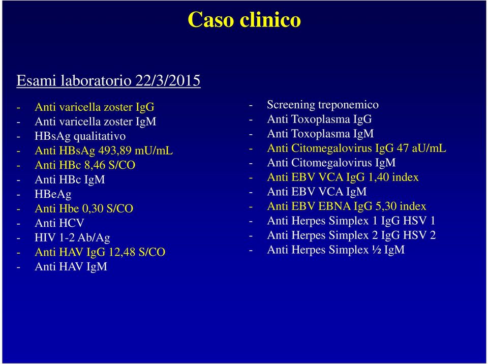 treponemico - Anti Toxoplasma IgG - Anti Toxoplasma IgM - Anti Citomegalovirus IgG 47 au/ml - Anti Citomegalovirus IgM - Anti EBV VCA IgG 1,40