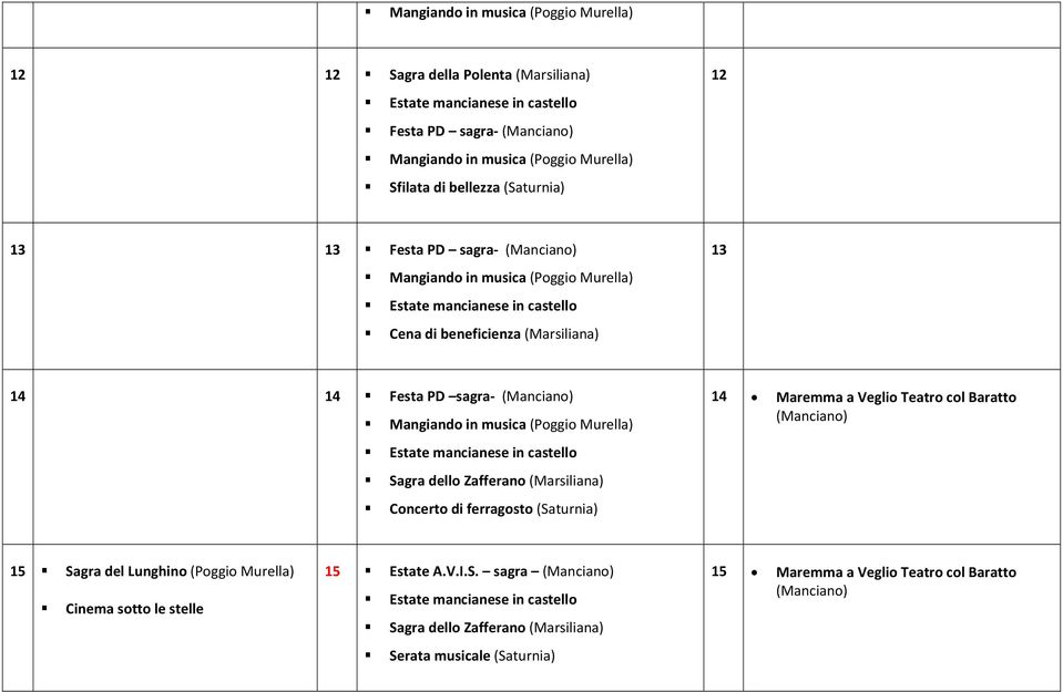 musica (Poggio Murella) Estate mancianese in castello Sagra dello Zafferano (Marsiliana) Concerto di ferragosto (Saturnia) 14 Maremma a Veglio Teatro col Baratto (Manciano) 15 Sagra del Lunghino