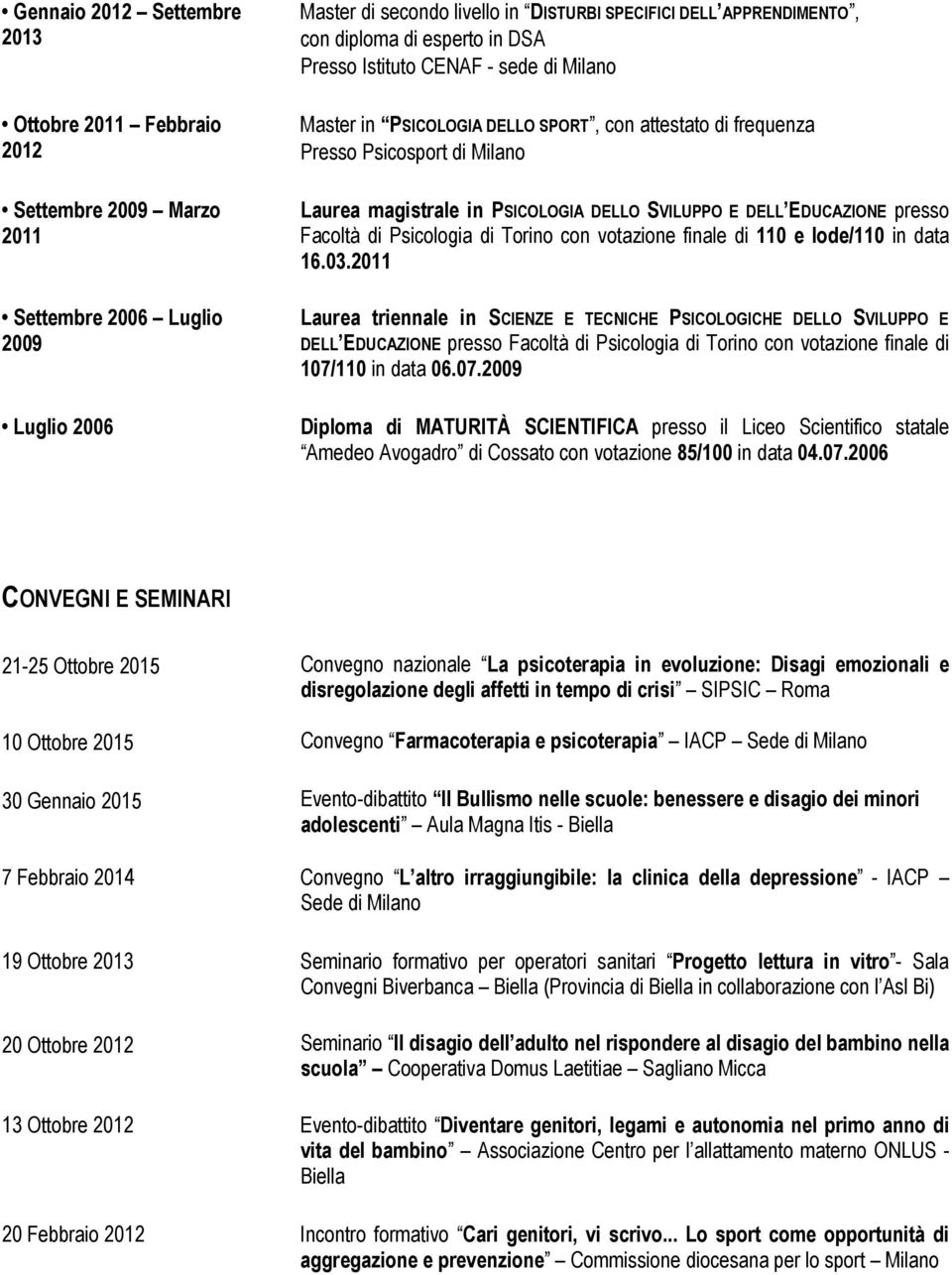 EDUCAZIONE presso Facoltà di Psicologia di Torino con votazione finale di 110 e lode/110 in data 16.03.