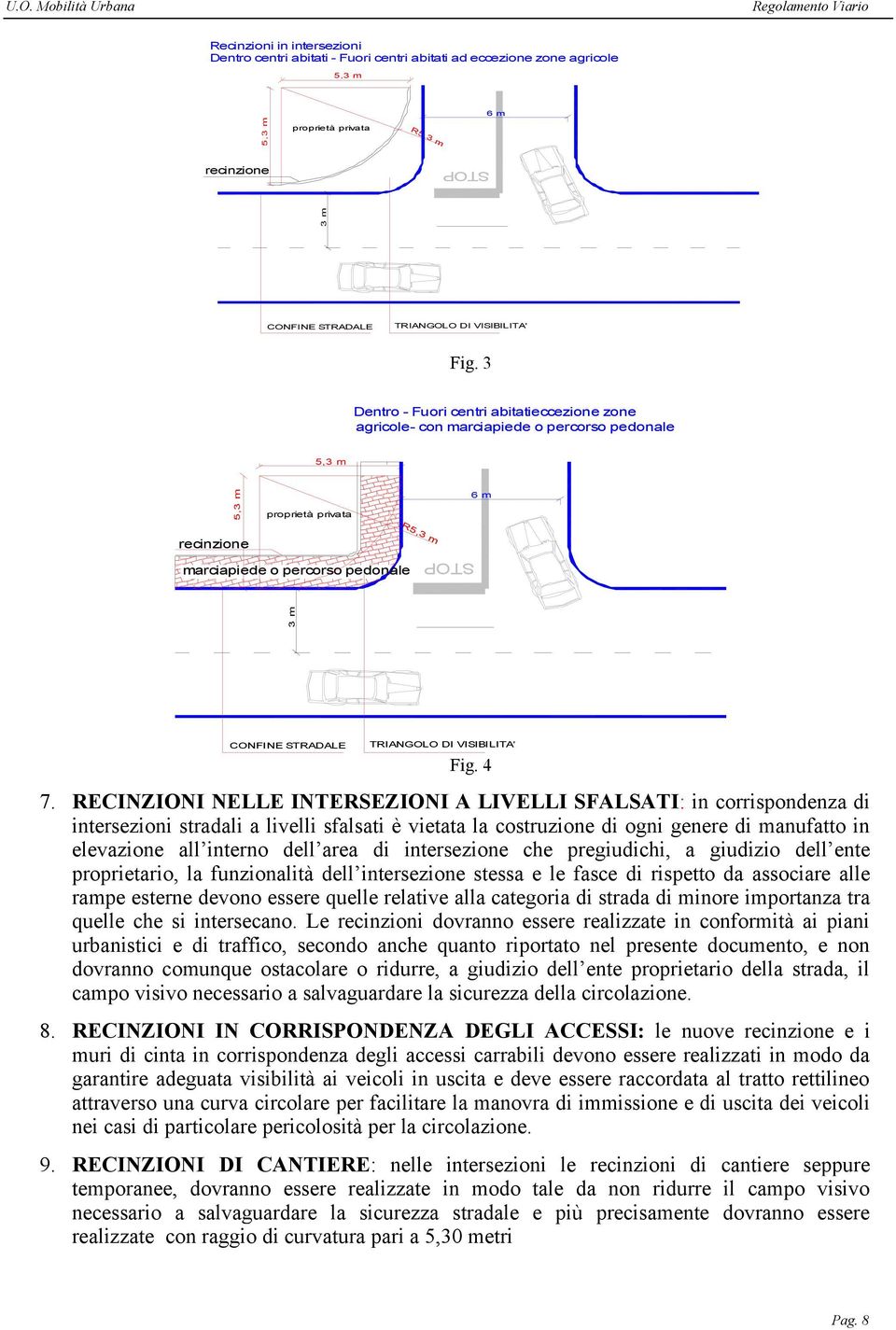 3 Dentro - Fuori centri abitatieccezione zone agricole- con marciapiede o percorso pedonale 5,3 m 5,3 m proprietà privata 6 m recinzione R5,3 m marciapiede o percorso pedonale STOP 3 m CONFINE