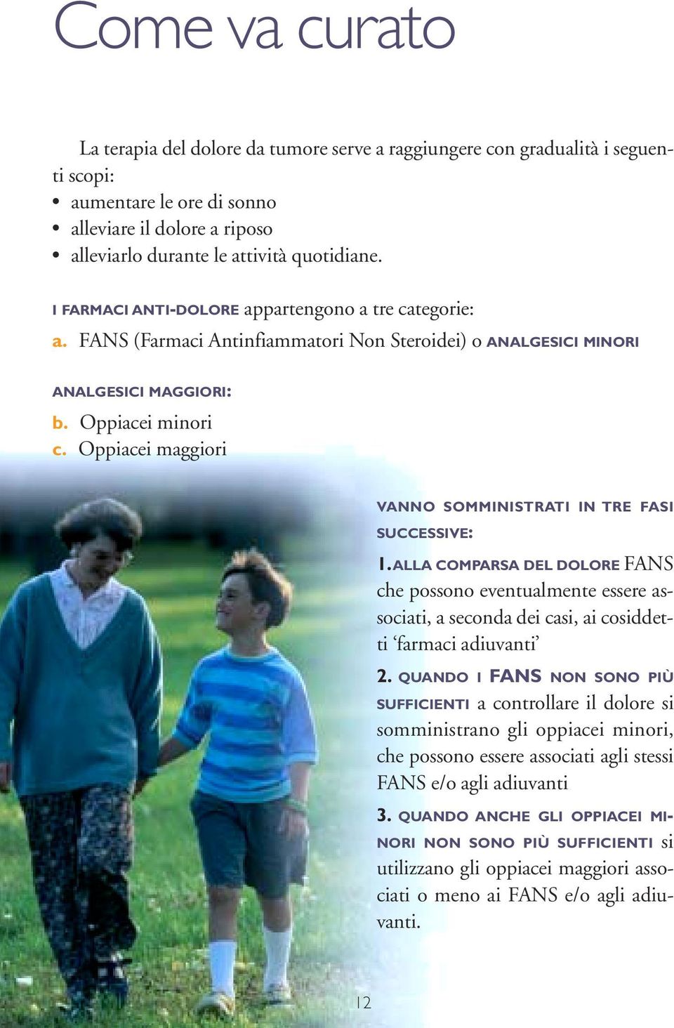 Oppiacei maggiori VANNO SOMMINISTRATI IN TRE FASI SUCCESSIVE: 1.ALLA COMPARSA DEL DOLORE FANS che possono eventualmente essere associati, a seconda dei casi, ai cosiddetti farmaci adiuvanti 2.