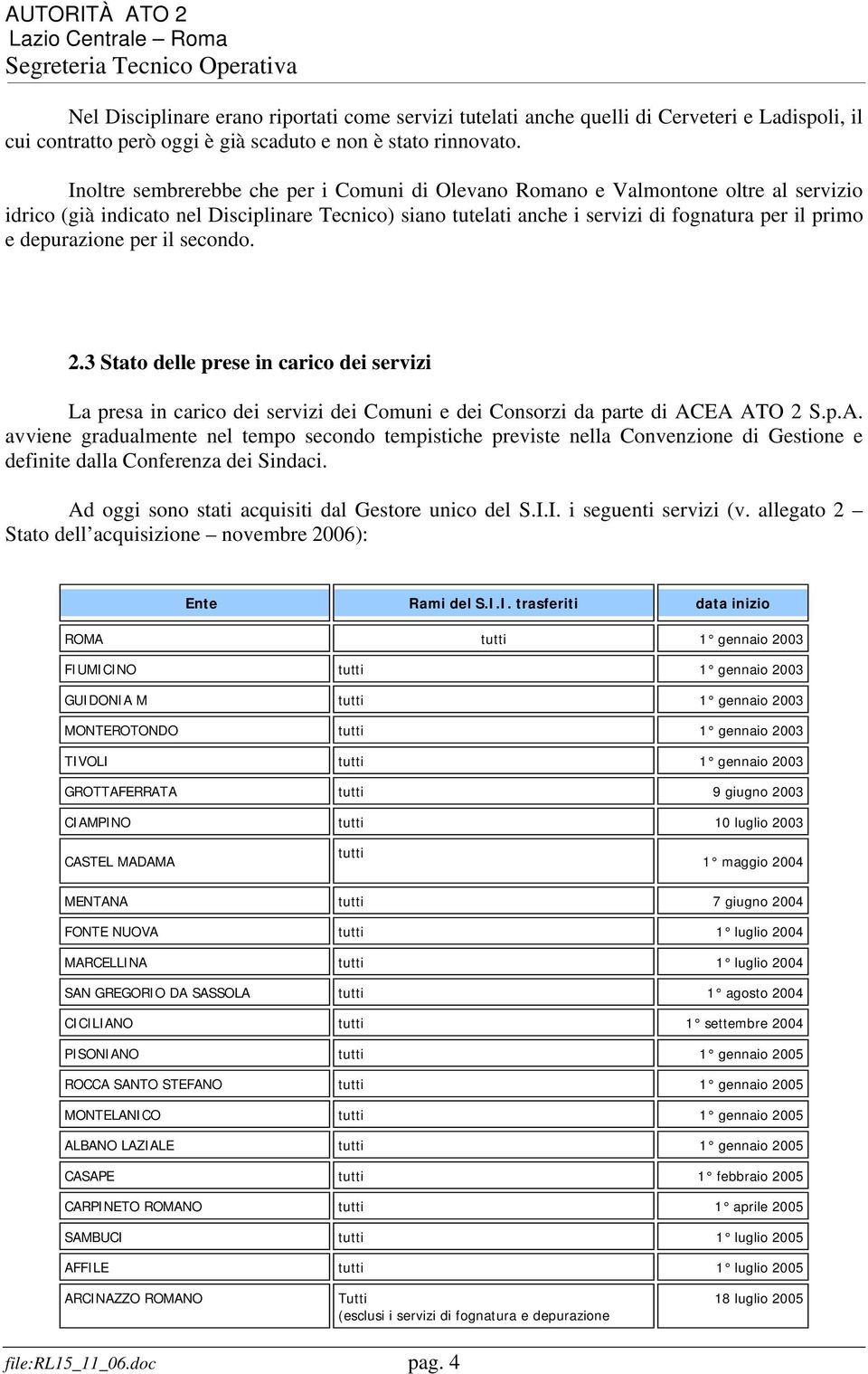 depurazione per il secondo. 2.3 Stato delle prese in carico dei servizi La presa in carico dei servizi dei Comuni e dei Consorzi da parte di AC