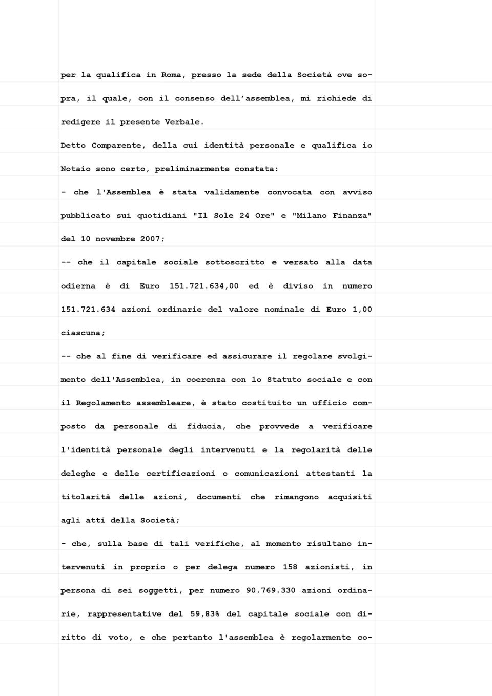 Sole 24 Ore" e "Milano Finanza" del 10 novembre 2007; -- che il capitale sociale sottoscritto e versato alla data odierna è di Euro 151.721.