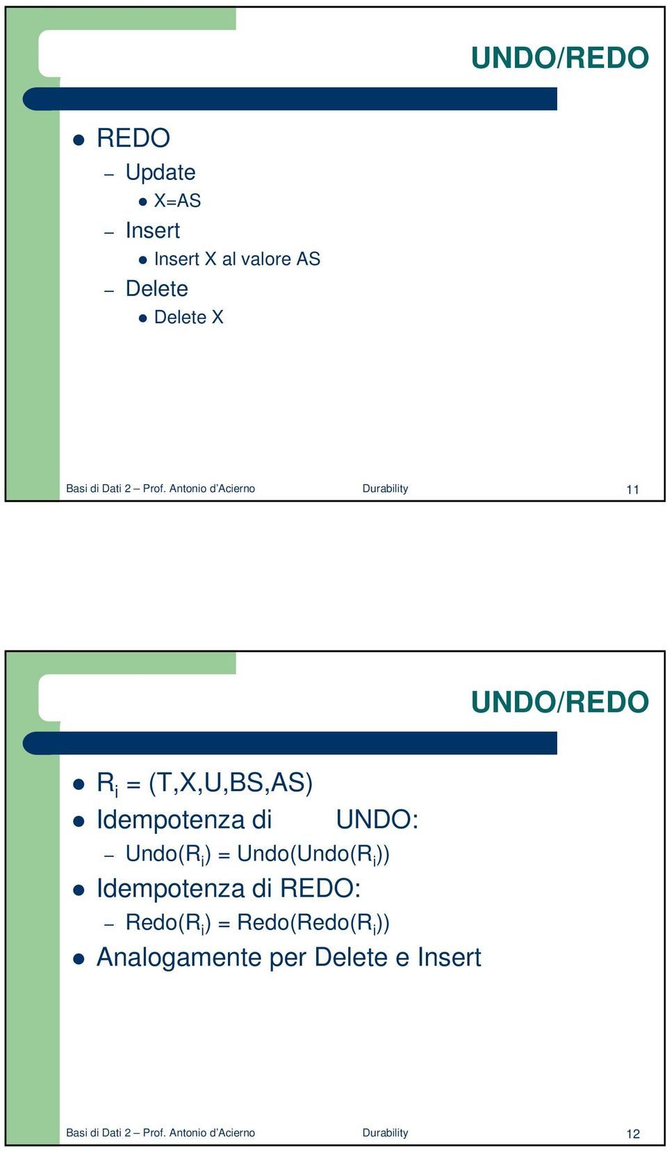 Antonio d Acierno Durability 11 UNDO/REDO R i = (T,X,U,BS,AS) Idempotenza di UNDO: