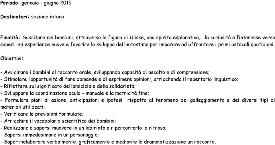 Obiettivi: - Avvicinare i bambini al racconto orale, sviluppando capacità di ascolto e di comprensione; - Stimolare l opportunità di fare domande e di esprimere opinioni, arricchendo il repertorio