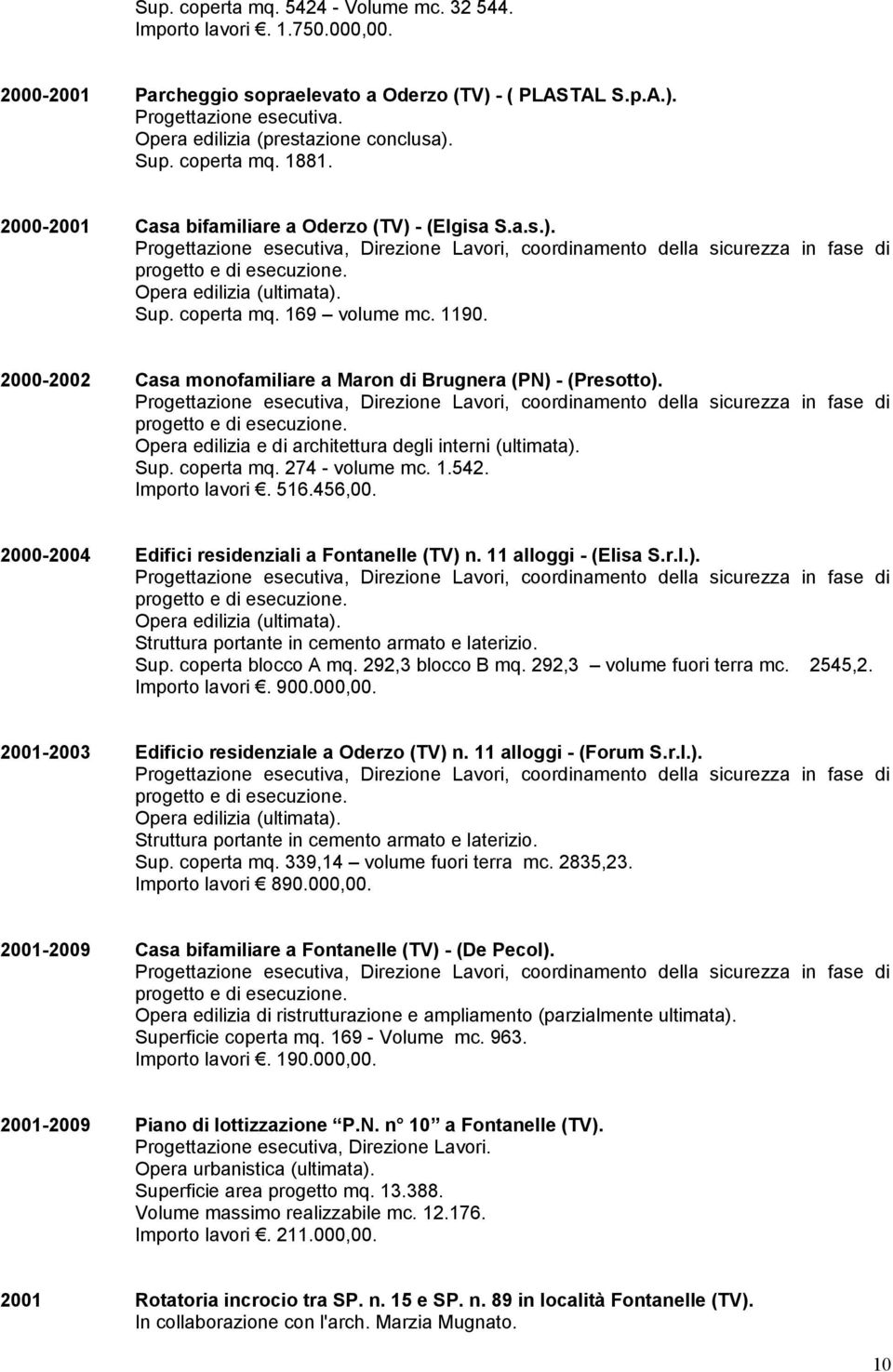 2000-2002 Casa monofamiliare a Maron di Brugnera (PN) - (Presotto). Opera edilizia e di architettura degli interni (ultimata). Sup. coperta mq. 274 - volume mc. 1.542. Importo lavori. 516.456,00.