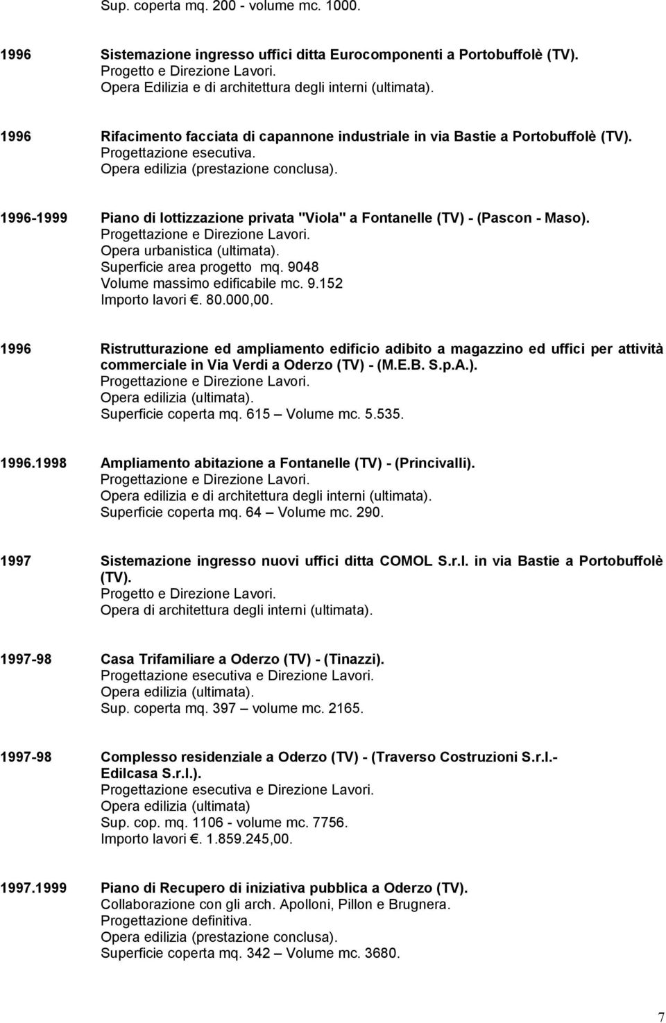 Opera edilizia (prestazione conclusa). 1996-1999 Piano di lottizzazione privata "Viola" a Fontanelle (TV) - (Pascon - Maso). Opera urbanistica (ultimata). Superficie area progetto mq.