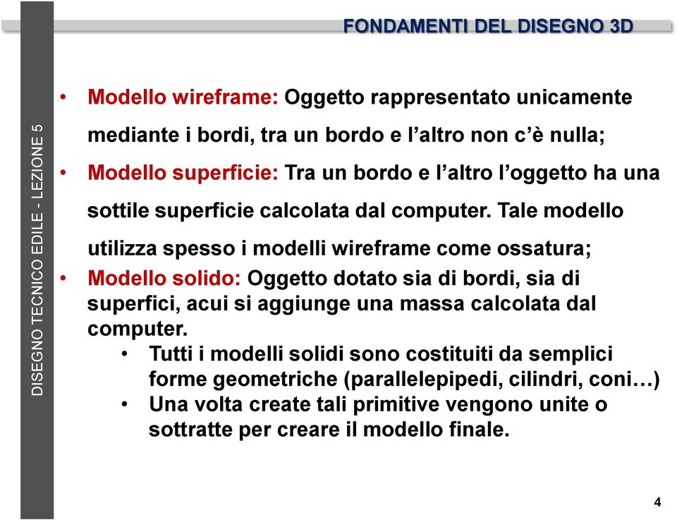 Tale modello utilizza spesso i modelli wireframe come ossatura; Modello solido: Oggetto dotato sia di bordi, sia di superfici, acui si aggiunge una