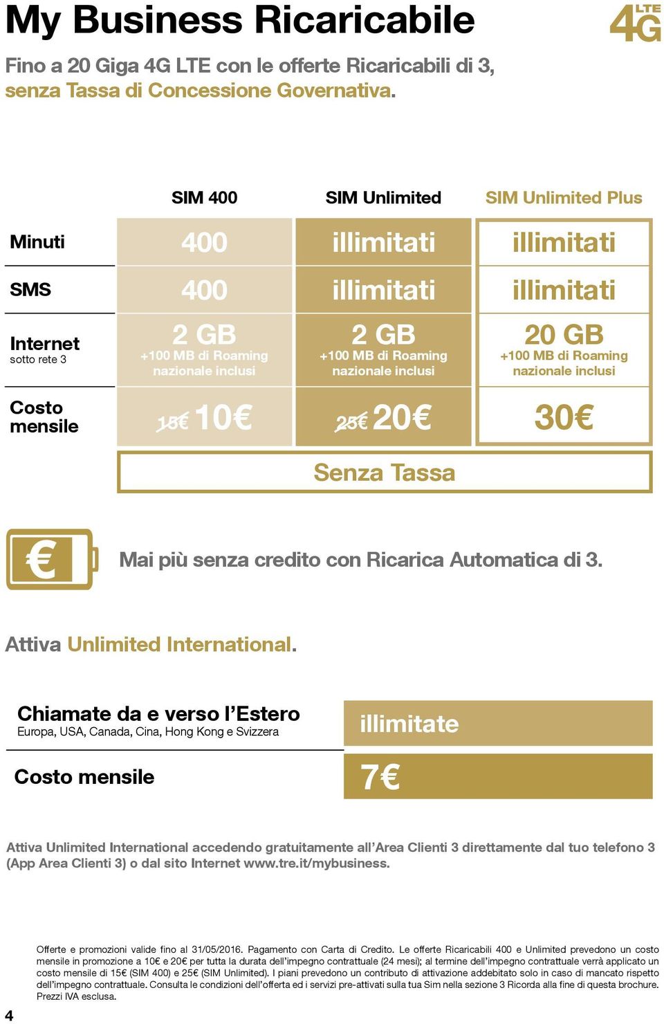 inclusi 20 GB +100 MB di Roaming nazionale inclusi Costo mensile 15 10 25 20 30 Senza Tassa Mai più senza credito con Ricarica Automatica di 3. Attiva Unlimited International.