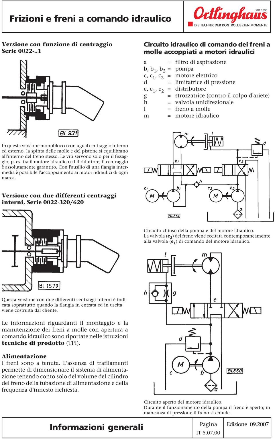 = distributore g = strozzatrice (contro il colpo d'ariete) h = valvola unidirezionale l = freno a molle m = motore idraulico In questa versione monoblocco con ugual centraggio interno ed esterno, la