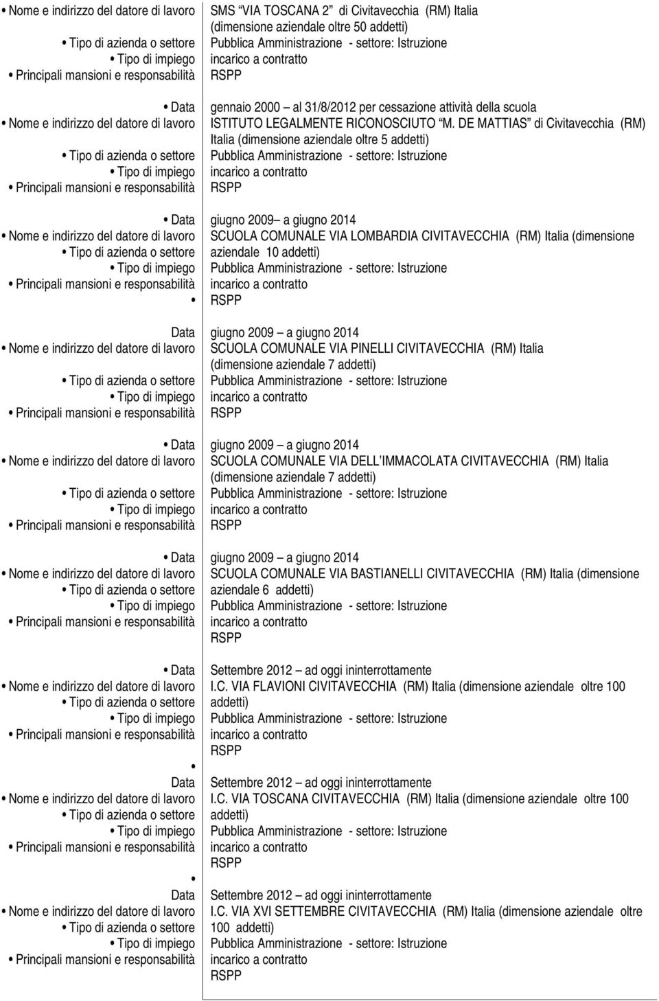 2014 SCUOLA COMUNALE VIA PINELLI CIVITAVECCHIA (RM) Italia (dimensione aziendale 7 giugno 2009 a giugno 2014 SCUOLA COMUNALE VIA DELL IMMACOLATA CIVITAVECCHIA (RM) Italia (dimensione aziendale 7