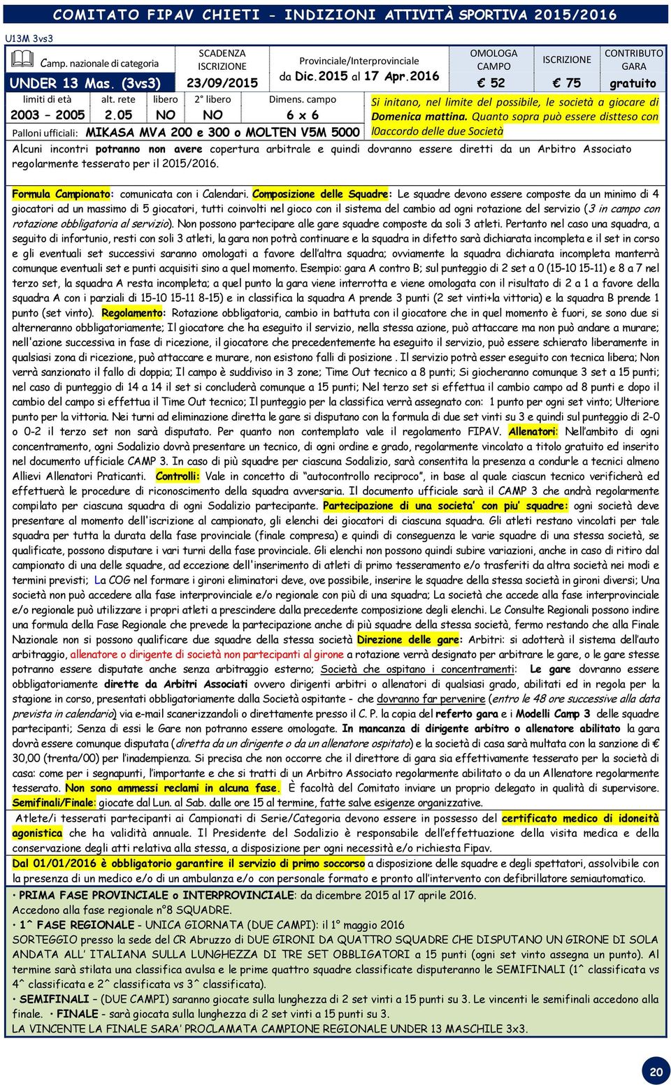 Quanto sopra può essere distteso con l0accordo delle due Società Palloni ufficiali: MIKASA MVA 200 e 300 o MOLTEN V5M 5000 Alcuni incontri potranno non avere copertura arbitrale e quindi dovranno