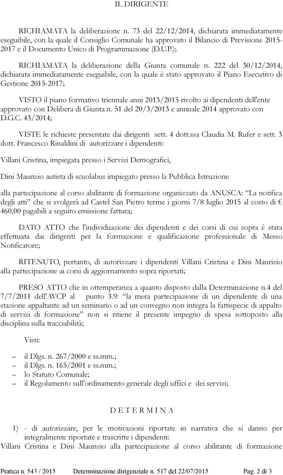 222 del 30/12/2014, dichiarata immediatamente eseguibile, con la quale è stato approvato il Piano Esecutivo di Gestione 2015-2017; VISTO il piano formativo triennale anni 2013/2015 rivolto ai