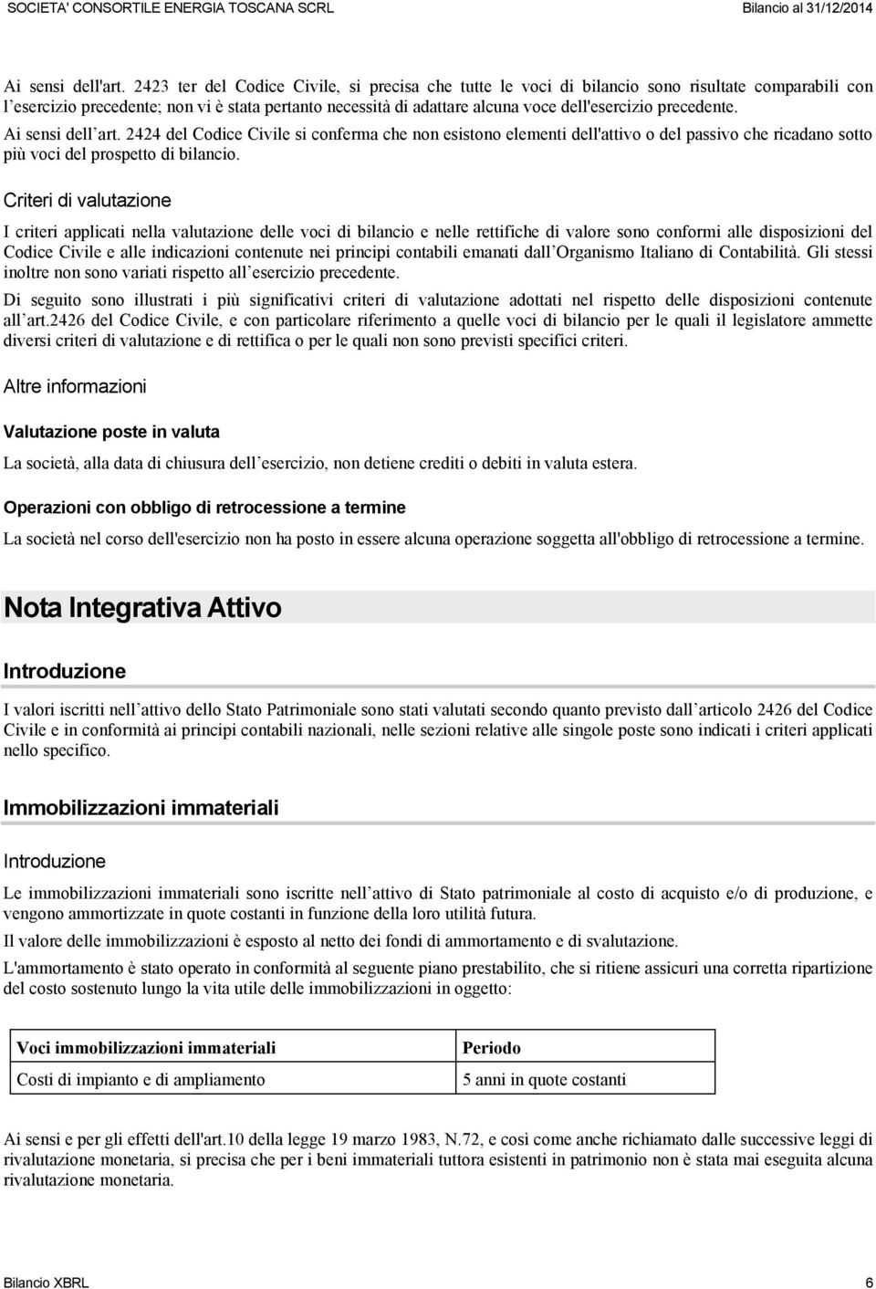 precedente. Ai sensi dell art. 2424 del Codice Civile si conferma che non esistono elementi dell'attivo o del passivo che ricadano sotto più voci del prospetto di bilancio.