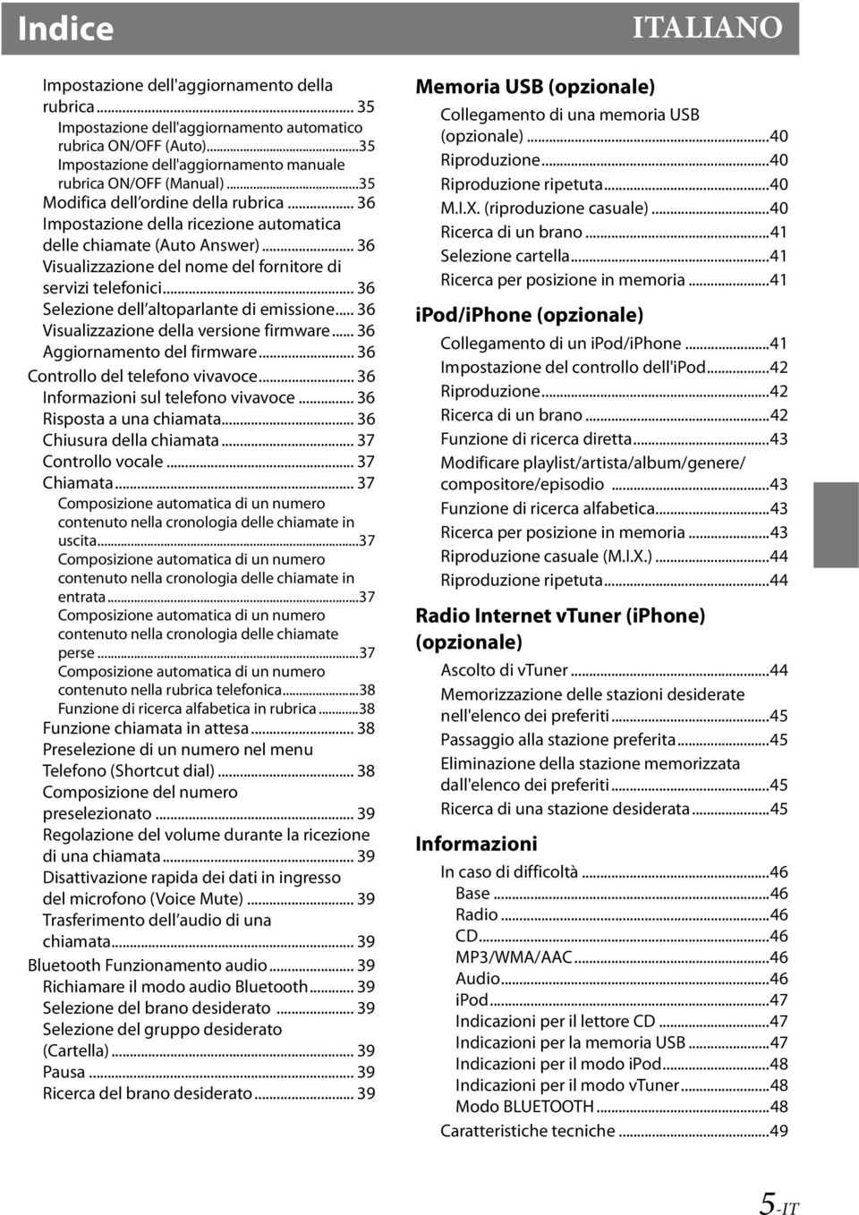 .. 36 Selezione dell altoparlante di emissione... 36 Visualizzazione della versione firmware... 36 Aggiornamento del firmware... 36 Controllo del telefono vivavoce.