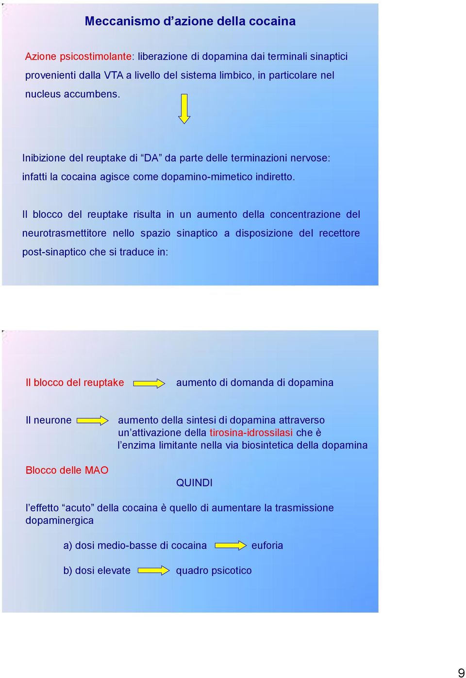 Il blocco del reuptake risulta in un aumento della concentrazione del neurotrasmettitore nello spazio sinaptico a disposizione del recettore post-sinaptico che si traduce in: Il blocco del reuptake