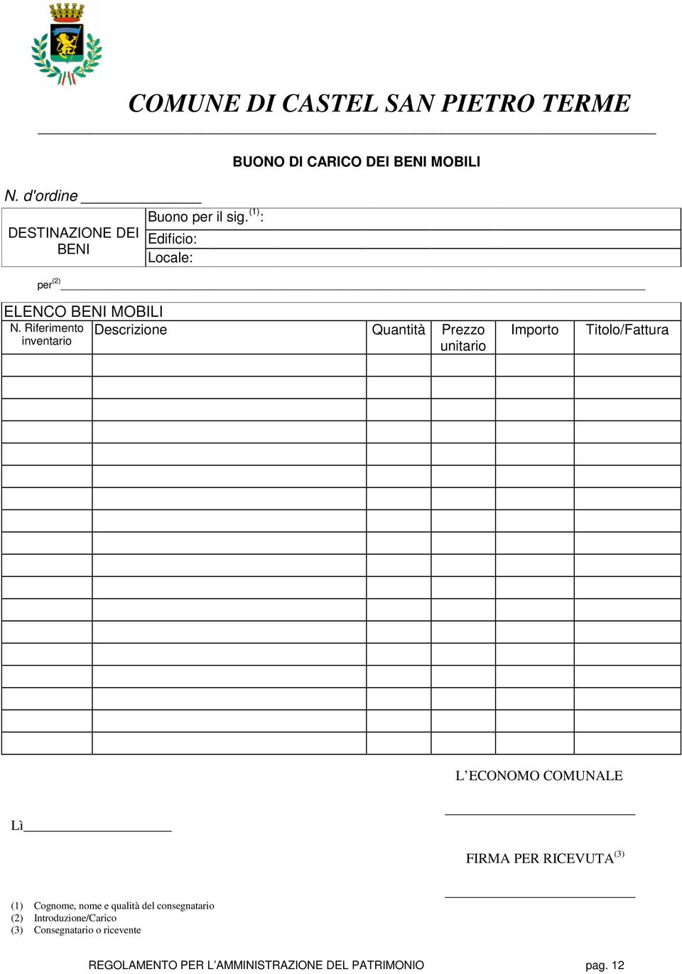 Riferimento inventario Descrizione Quantità Prezzo unitario Importo Titolo/Fattura L ECONOMO COMUNALE Lì FIRMA