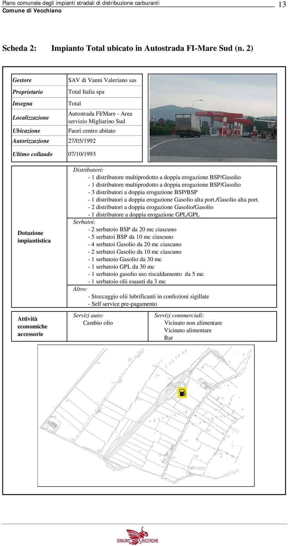 27/05/1992 Ultimo collaudo 07/10/1993 Dotazione impiantistica Distributori: - 1 distributore multiprodotto a doppia erogazione BSP/Gasolio - 1 distributore multiprodotto a doppia erogazione