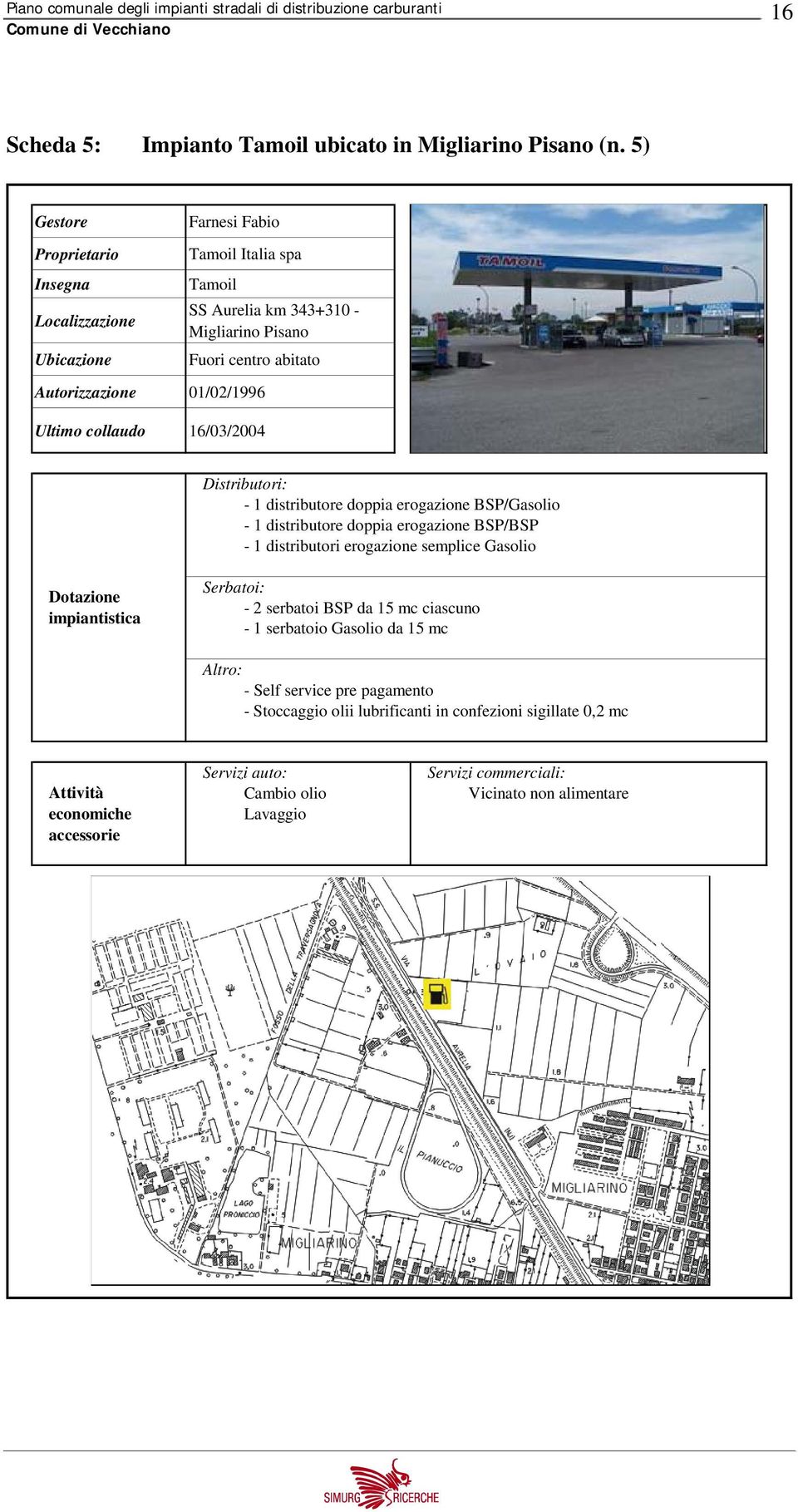 Migliarino Pisano Fuori centro abitato Distributori: - 1 distributore doppia erogazione BSP/Gasolio - 1 distributore doppia erogazione BSP/BSP - 1 distributori erogazione semplice